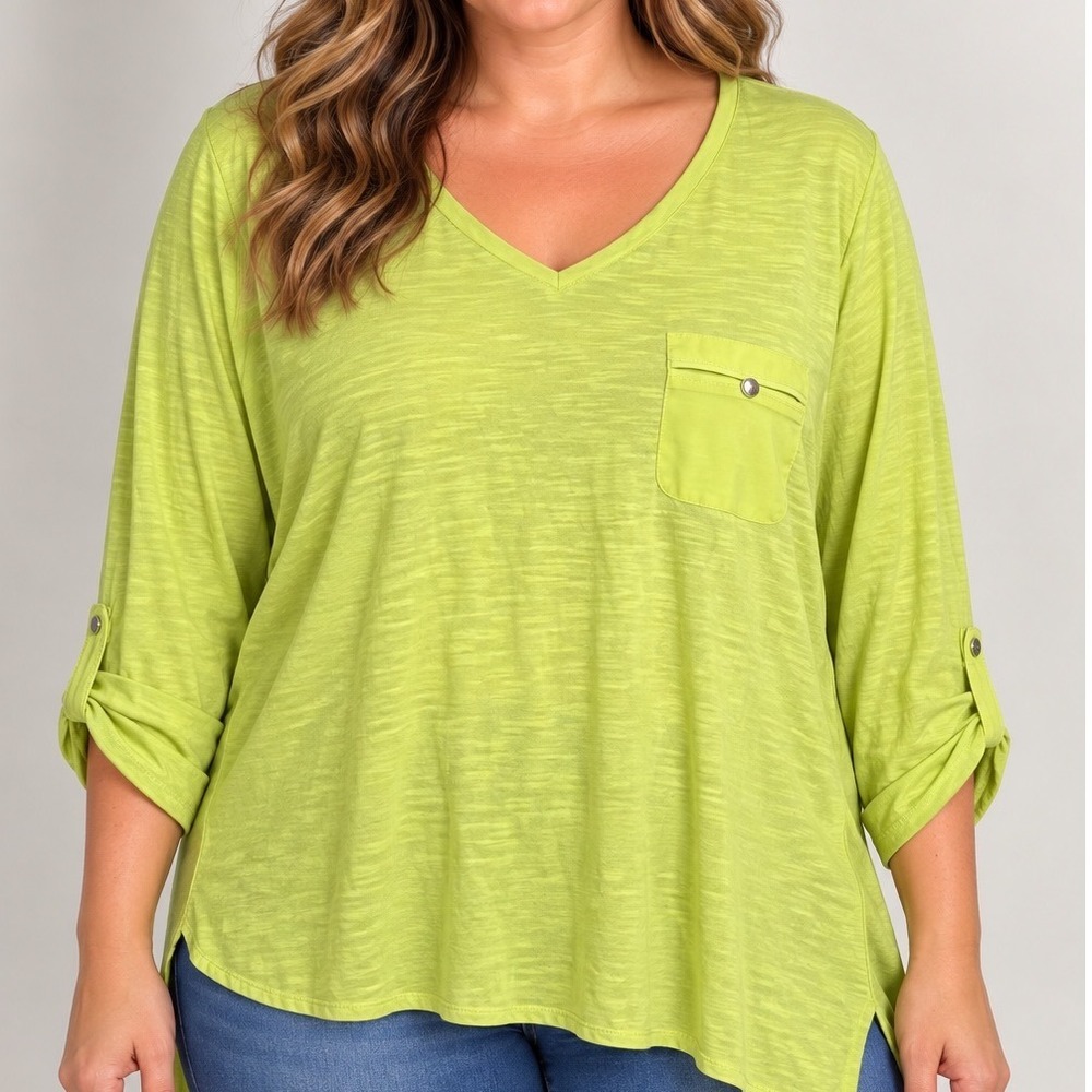 Chico's Large 12 Lime Green V Neck Tunic Top Cotton Rayon Roll Tab Sleeve